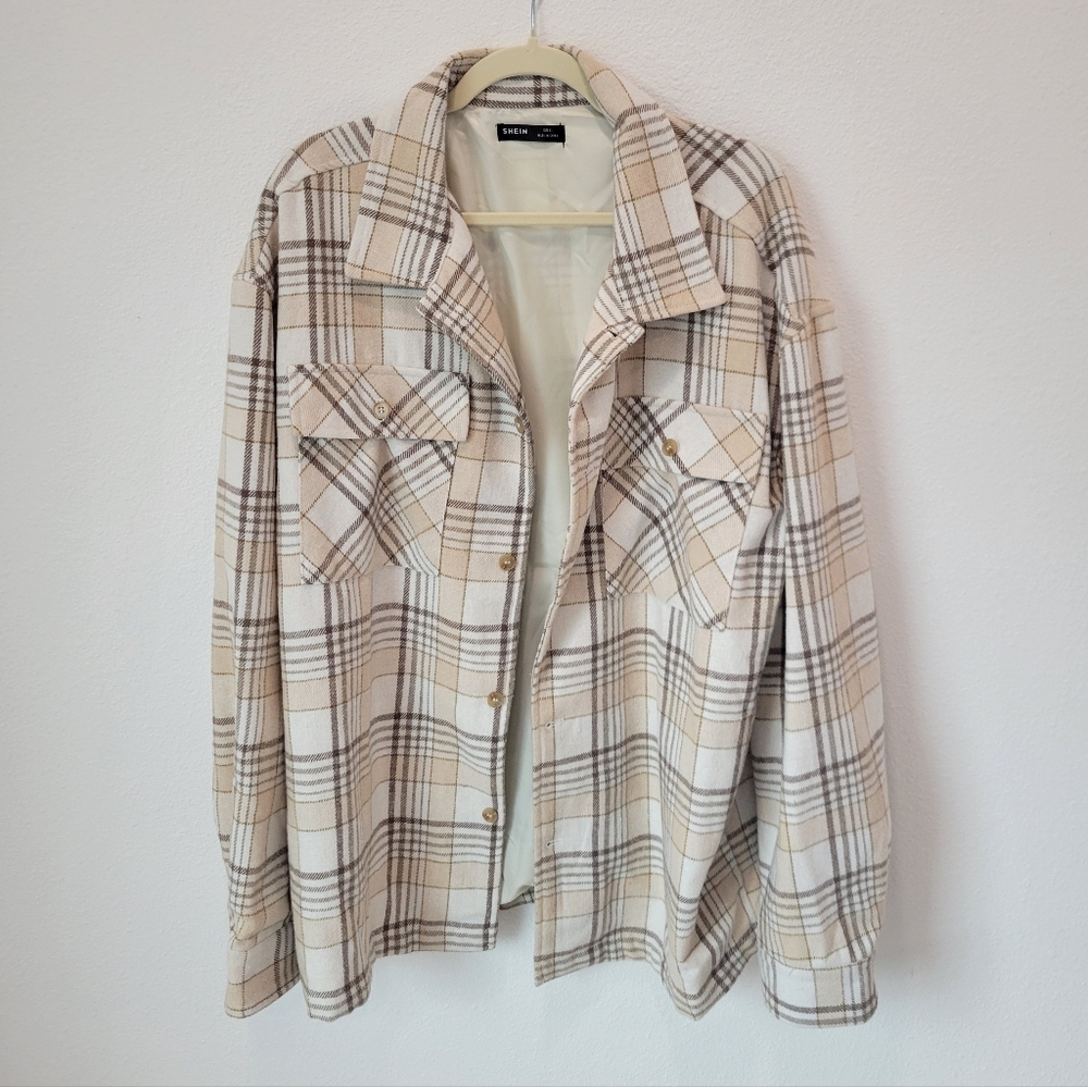 Shein Men’s Plaid Shacket Cream Beige Brown Lined XL